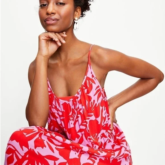 LOFT tropic floral strapped tiered midi dress. Size S. - Picture 6 of 8